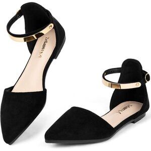 🆕Women Black Gold Suede Rhinestone Pointed Toe Dressy Flat Bow Ballet Shoes